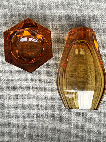 Moser amber glass faceted - faceted, vase